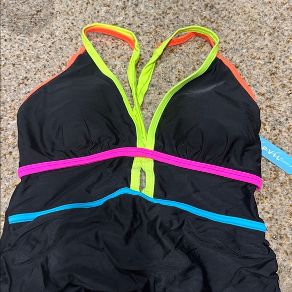 Popvil One Piece Swimsuit Tummy Control Cutout Black Neon Color Block Adj L NWT - Picture 4 of 8